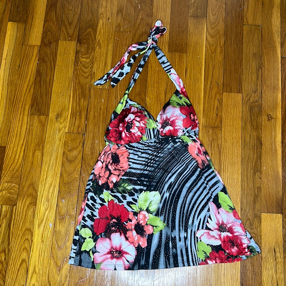 Rue21 Y2K Bedazzled Floral Zebra Padded Halter Top Size Small